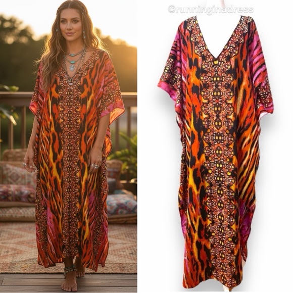Vintage Jessica Taylor Bohemian Animal Print Kaftan 90s/Y2K Embellished V-Neck
